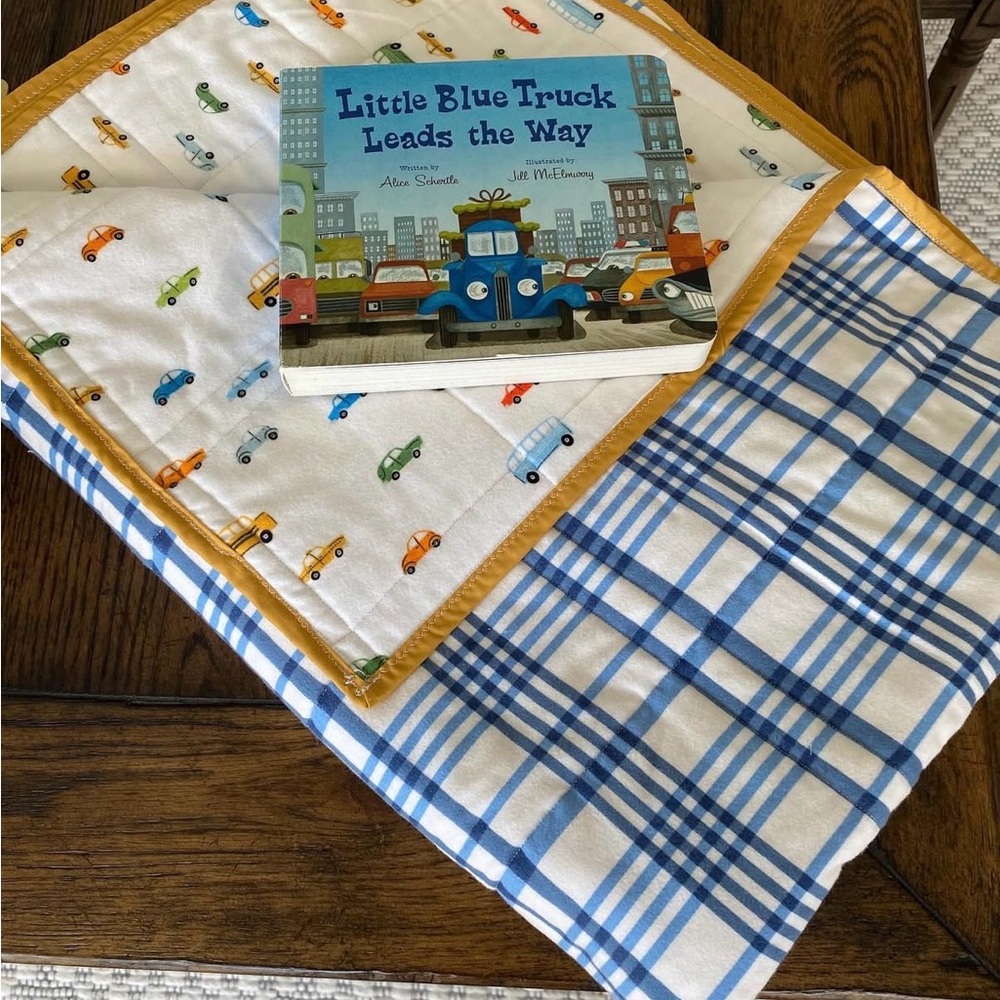 Blue Plaid Baby quilt with Book